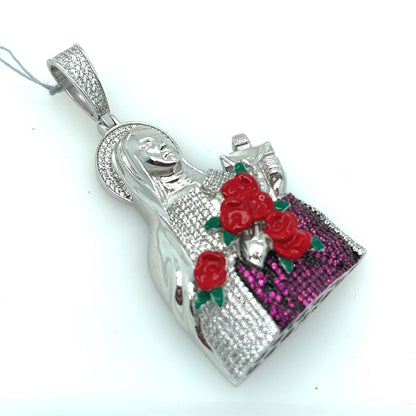 Silver Virgin Mary Pendant With Roses  + Crucifix With Colored CZs 2.5” Tall 30g1