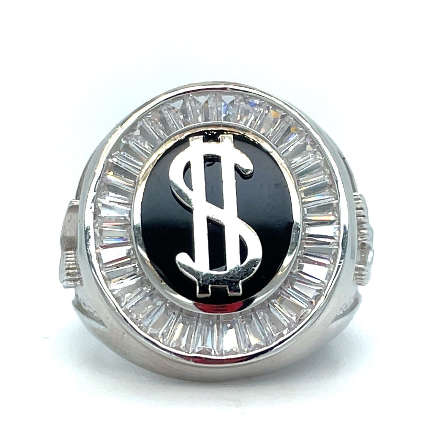 925 Sterling Silver Men’s CZ Oval Black Dollar Sign Ring 12.60g Size 100