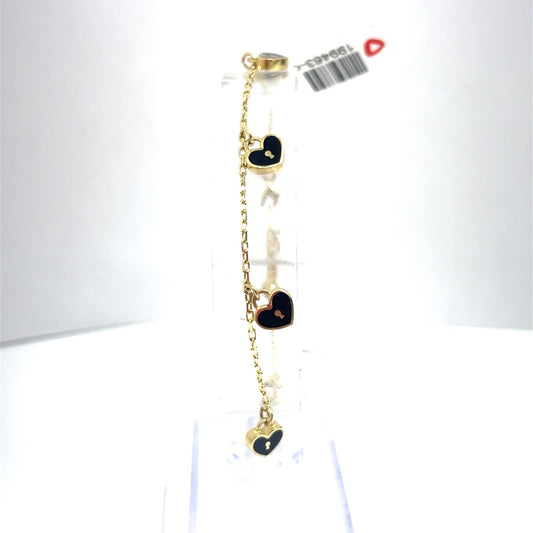 14K Yellow Gold Women’s 7.5” Black Heart Locks Enamel Bracelet 3.70g0