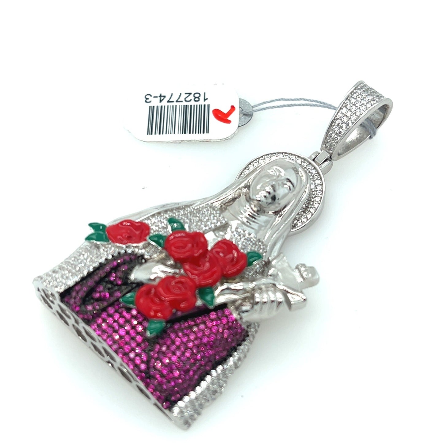Silver Virgin Mary Pendant With Roses  + Crucifix With Colored CZs 2.5” Tall 30g2