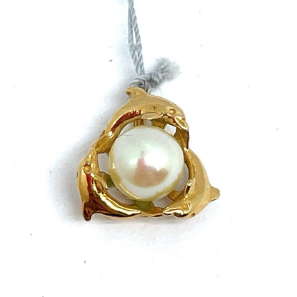 14k Yellow Gold Women’s Dolphins With Pearl Pendant 1.30g0