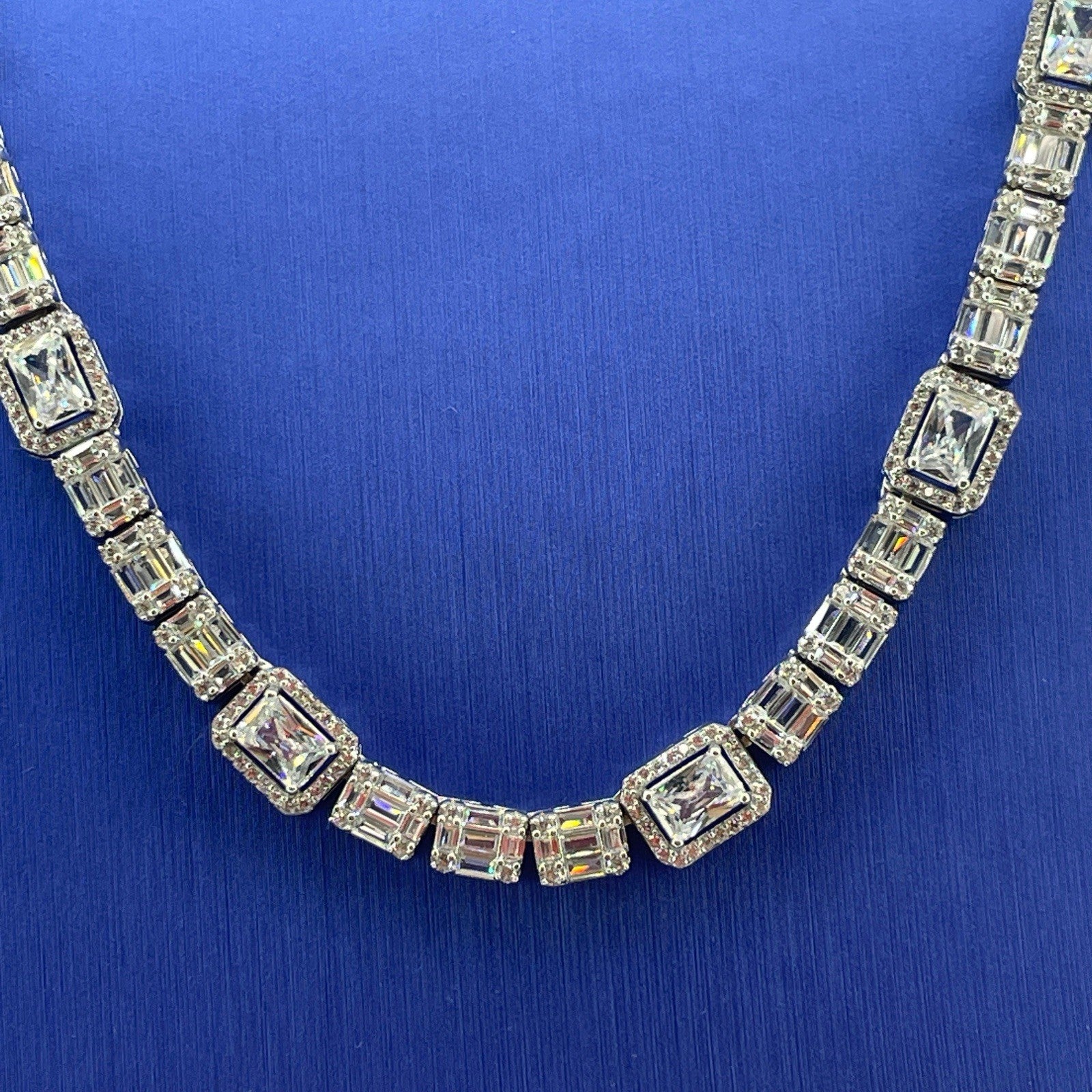 925 Sterling Silver CZ 20” Rectangle Cluster Necklace 43.54g 7.6mm1