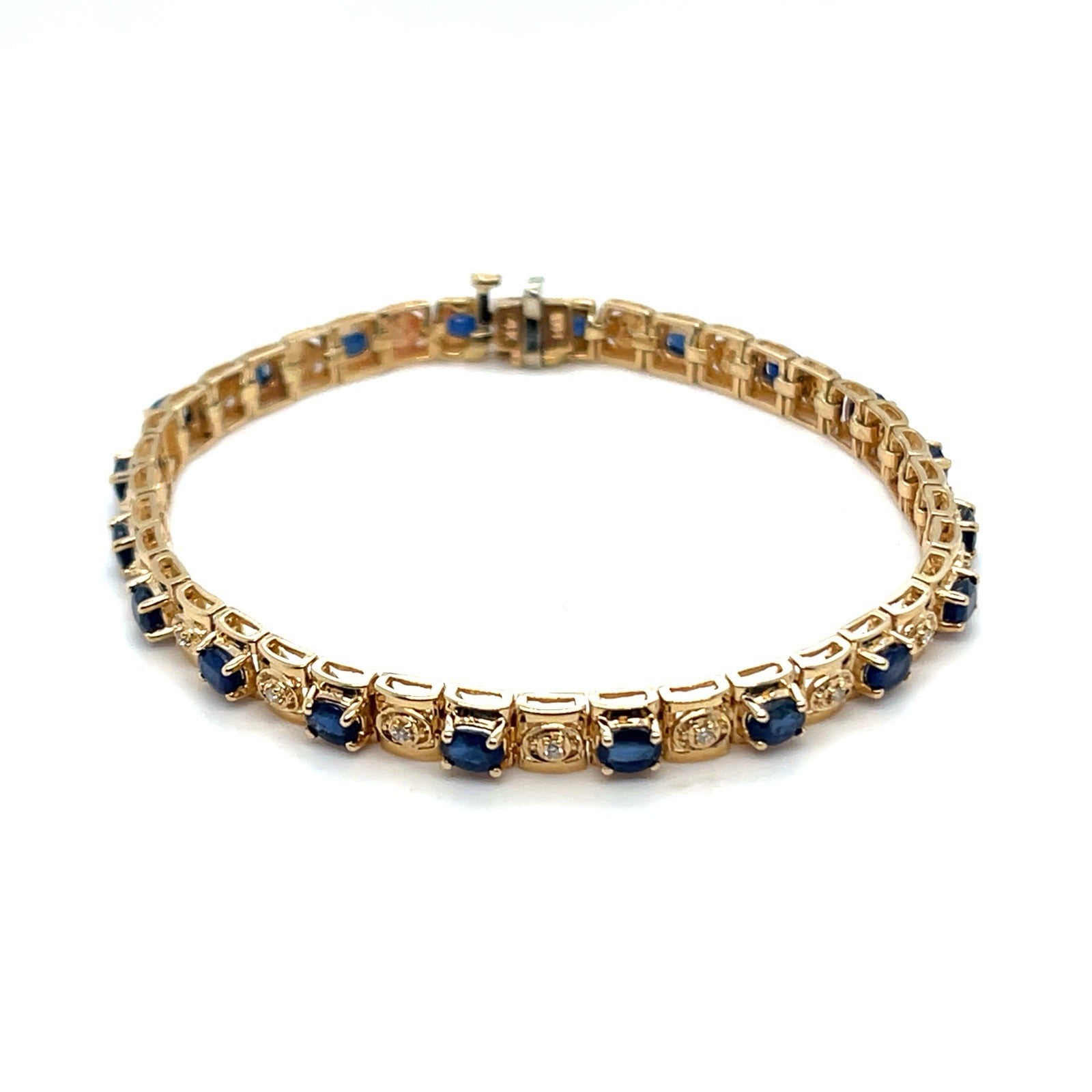 14K Yellow Gold 7” Oval Sapphire Diamond Bracelet 12.90g .15CTW 0