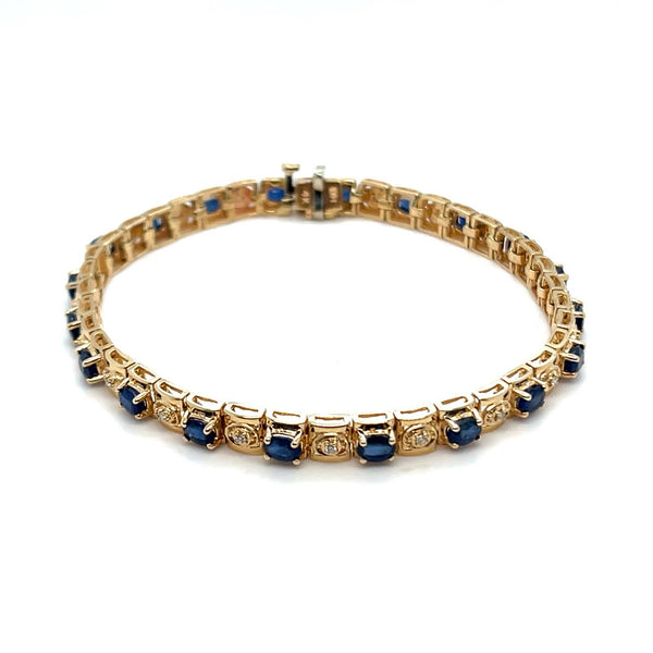 14K Yellow Gold 7” Oval Sapphire Diamond Bracelet 12.90g .15CTW 0