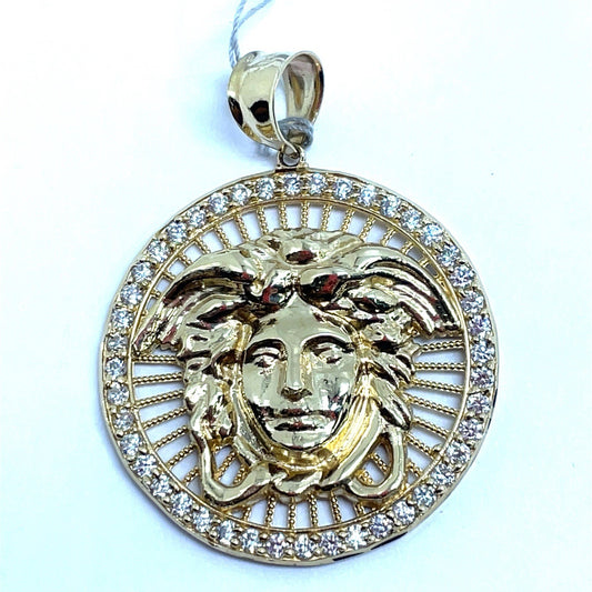 10k Yellow Gold CZ Round Open Versace Style Edge Pendant 8.00g0