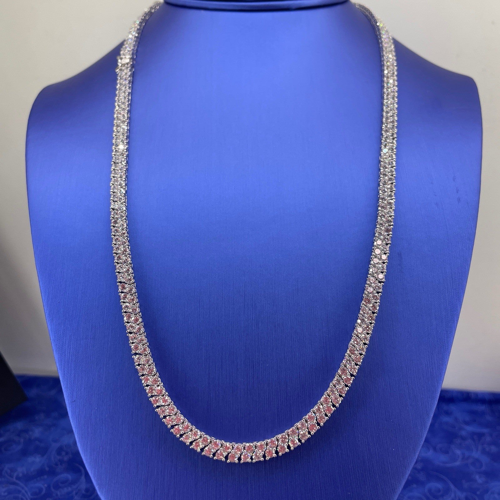 925 Sterling Silver CZ 22” 2 Row Angle Necklace 48.40g 5mm1