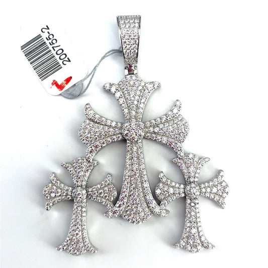 925 Sterling Silver CZ Triple Cross Pendant 16.30g 0