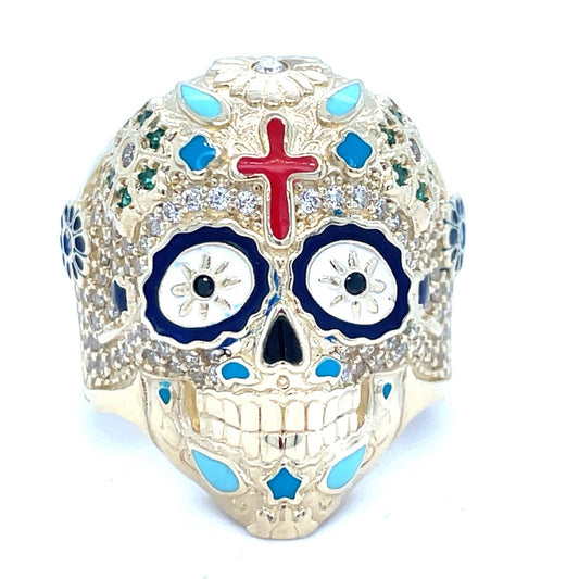 14k Yellow Gold Enamel Colored Skull Ring 10.80g Size 110