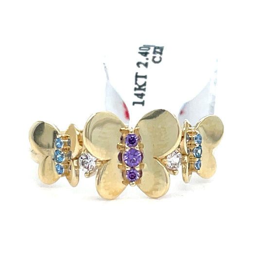 14k Yellow Gold CZ Colored Butterflies Ring 2.40g Size 70