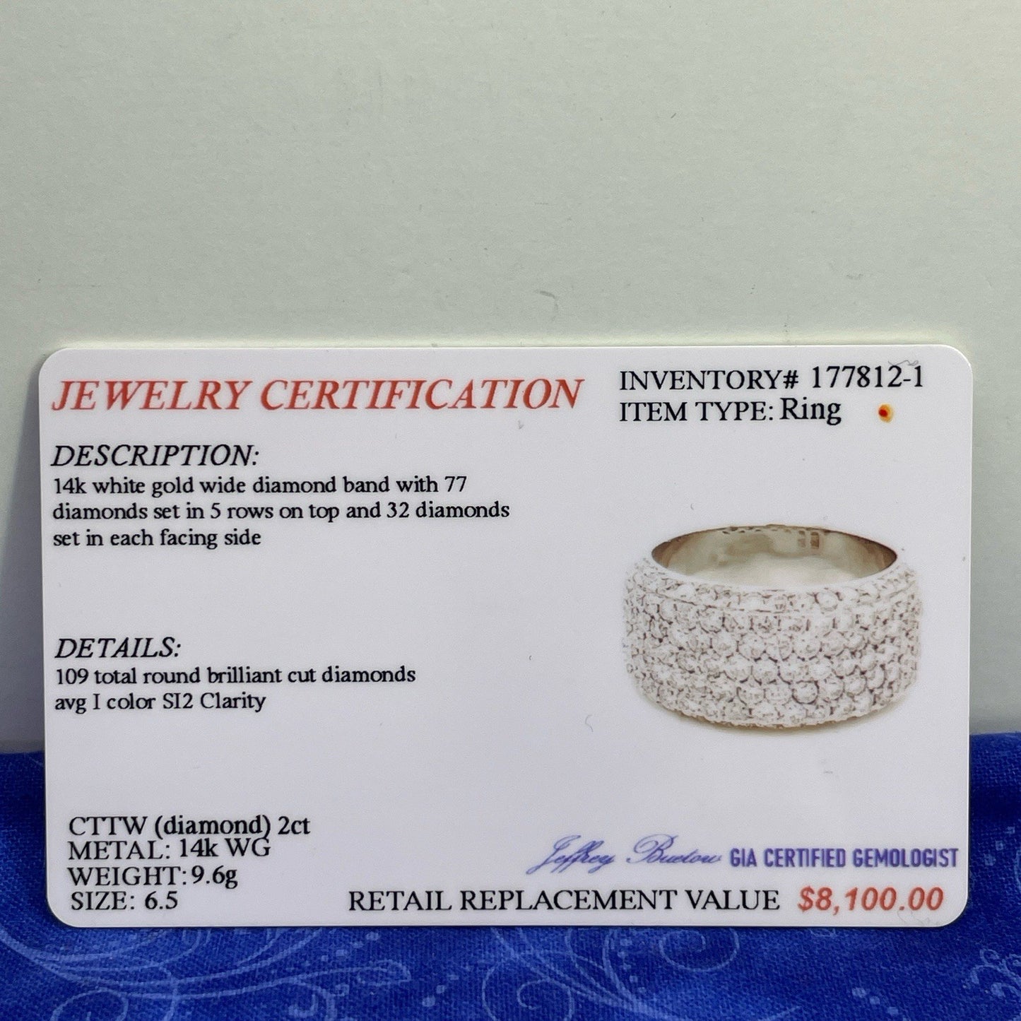 14K White Gold Wide Diamond Band Ring 9.60g 2CTW Size 6.55