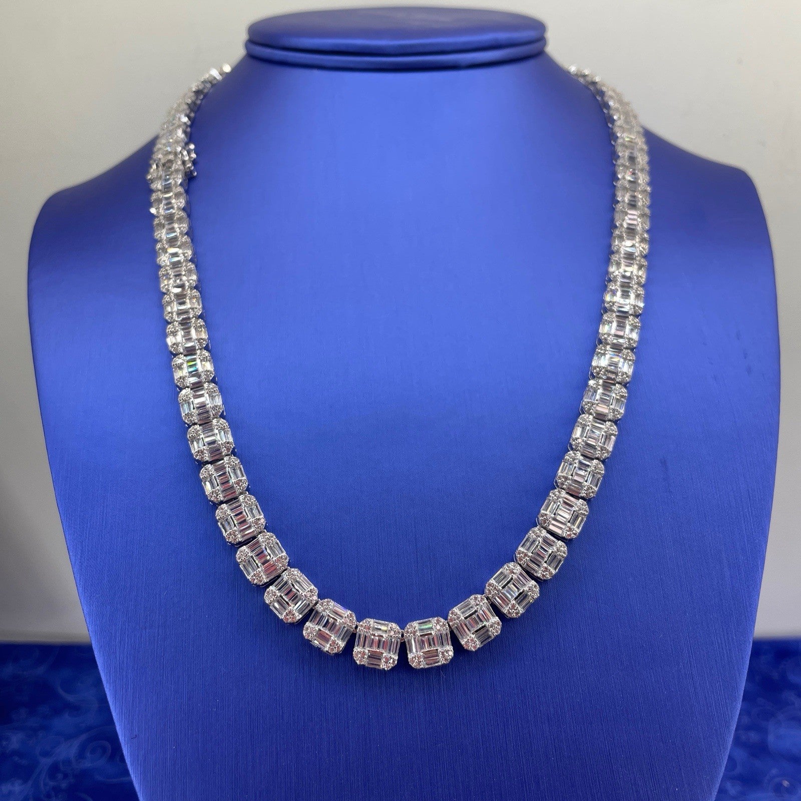 925 Sterling Silver CZ 20” Square Cluster Necklace 52.30g 1