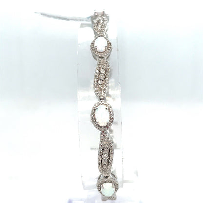 925 Sterling Silver 7.5” Synthetic Opal Diamond Bracelet 13.55g .21CTW 0