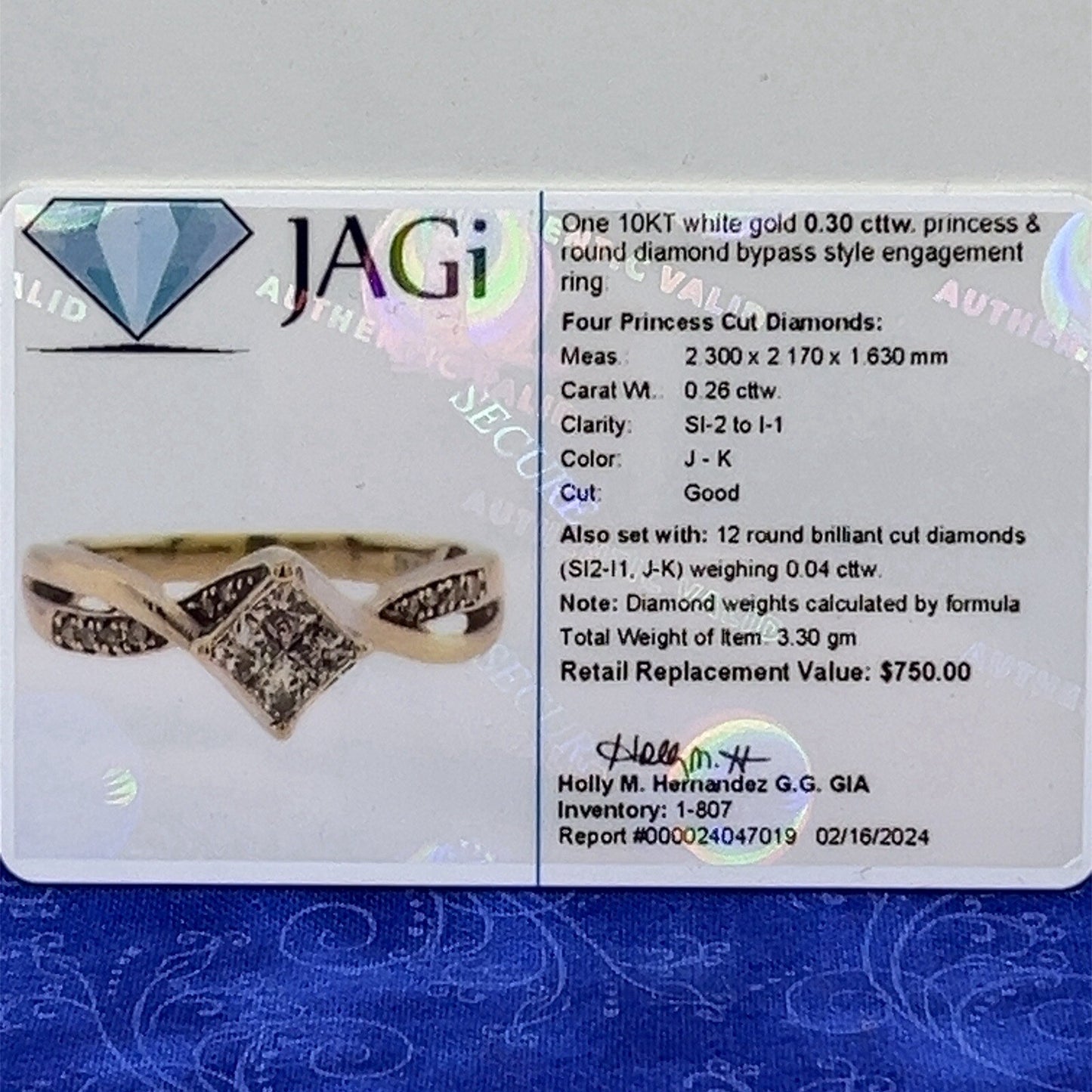 10k white gold princess and round diamond bypass style ring .30 CTW size 74