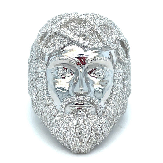 925 Sterling Silver Men’s Moissanite Jesus Head Ring 23.45g Size 10 7.1CTW0