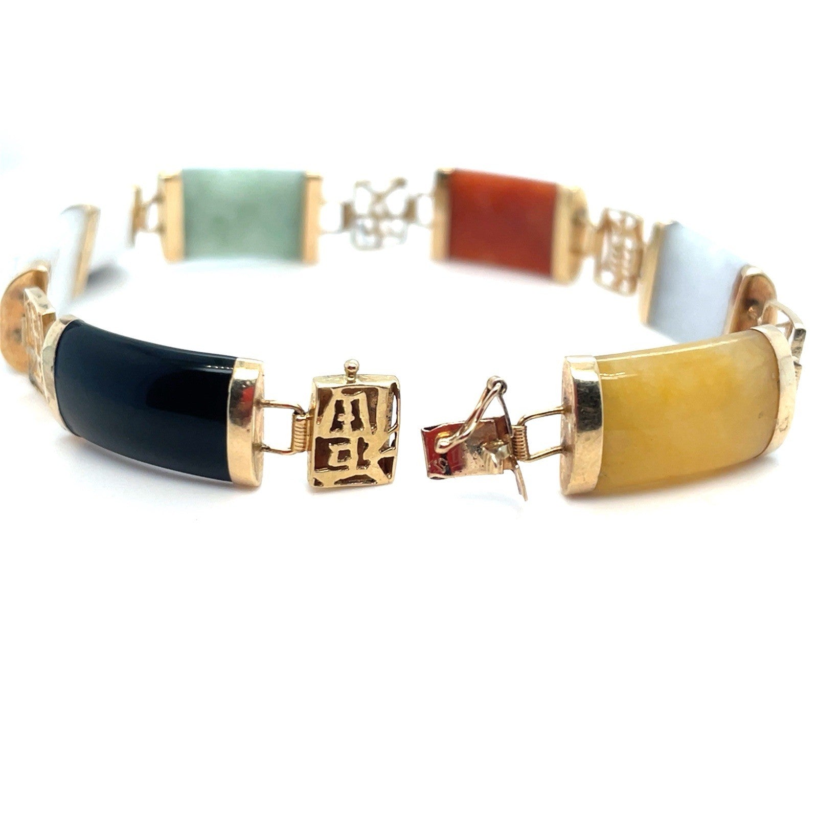14k Yellow Gold Multi Color Jade Link Bracelet 13.60g 7.5”3