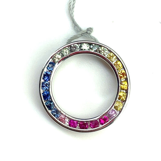 14k White Gold Rainbow Sapphire Circle Pendant 3.57g0