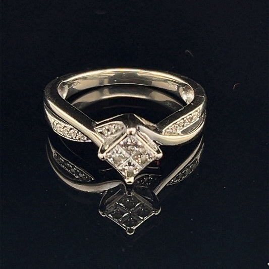 10k white gold princess and round diamond bypass style ring .30 CTW size 70