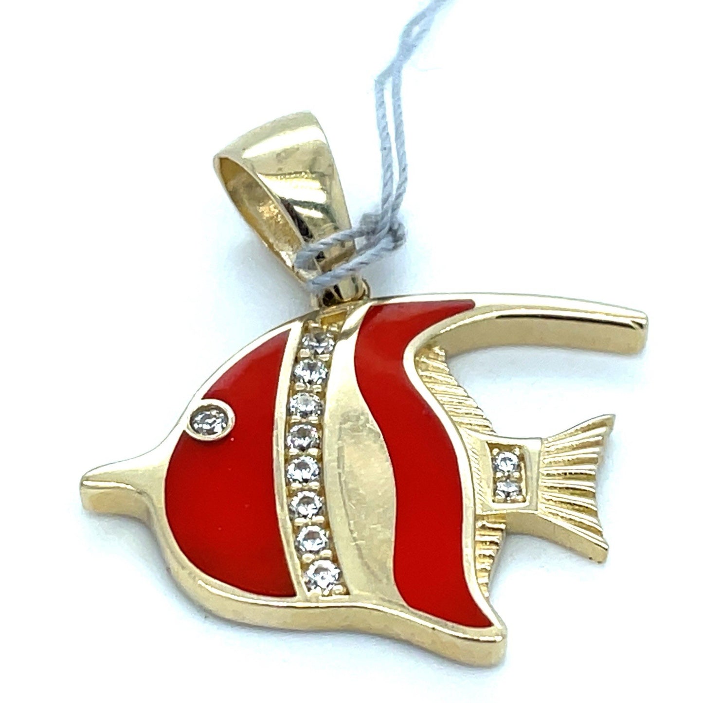 14k Yellow Gold CZ Red Enamel Fish Pendant 3.30g0