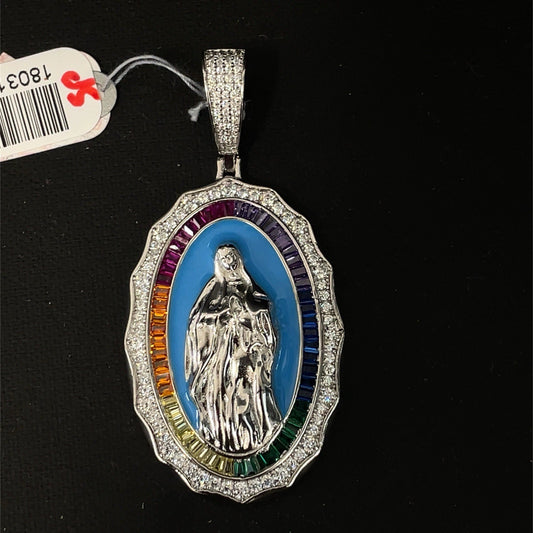 925 Sterling Silver CZ Multi Colored Virgin Mary Pendant 18.00g 0