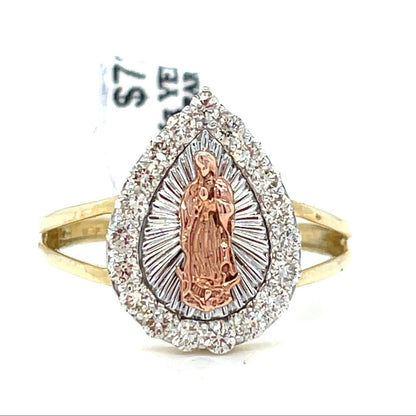 10k Tri Color Gold Pear Diamond Virgin Mary Ring 2.36g .5CTW Size 70