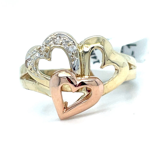 14k Tri Color Gold Women’s 3 Hearts Ring 3.60g Size 70