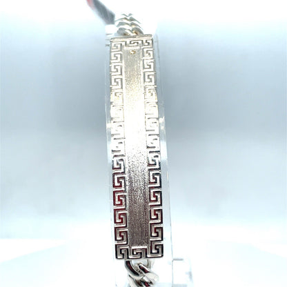 925 Sterling Silver 8.5” Satin Greek ID Cuban Bracelet 30.30g 10mm3