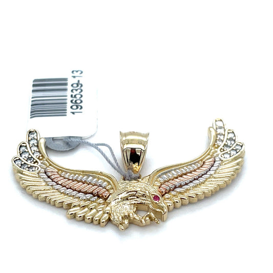 14K Tri Color CZ Wide Eagle Pendant 5.30g0