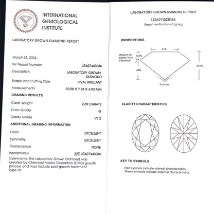 14K White Gold Ring | 2.69 ct Oval Lab Diamond 3.40 TCW, G VS2 Size 8