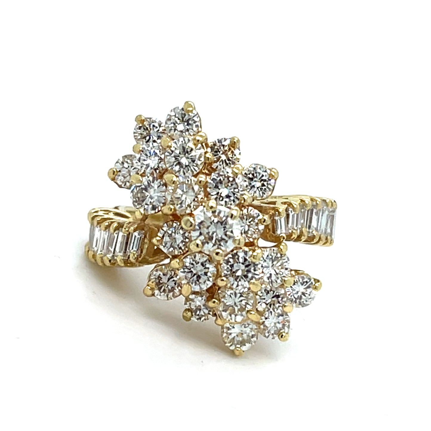 18K Yellow Gold Natural Diamond Cluster Ring Waterfall Style | Round, Baguette diamonds 3.91 TCW H-I color VS clarity, Size 5.5