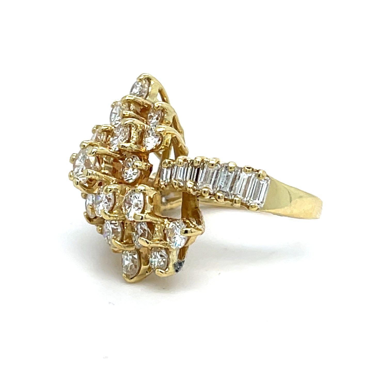 18K Yellow Gold Natural Diamond Cluster Ring Waterfall Style | Round, Baguette diamonds 3.91 TCW H-I color VS clarity, Size 5.5
