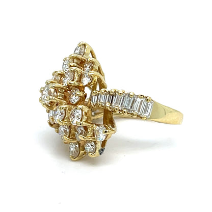18K Yellow Gold Natural Diamond Cluster Ring Waterfall Style | Round, Baguette diamonds 3.91 TCW H-I color VS clarity, Size 5.5