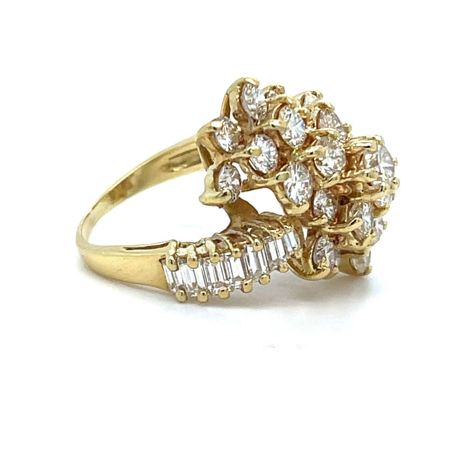 18K Yellow Gold Natural Diamond Cluster Ring Waterfall Style | Round, Baguette diamonds 3.91 TCW H-I color VS clarity, Size 5.5