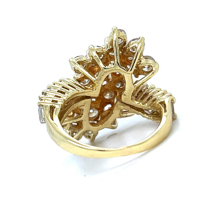 18K Yellow Gold Natural Diamond Cluster Ring Waterfall Style | Round, Baguette diamonds 3.91 TCW H-I color VS clarity, Size 5.5