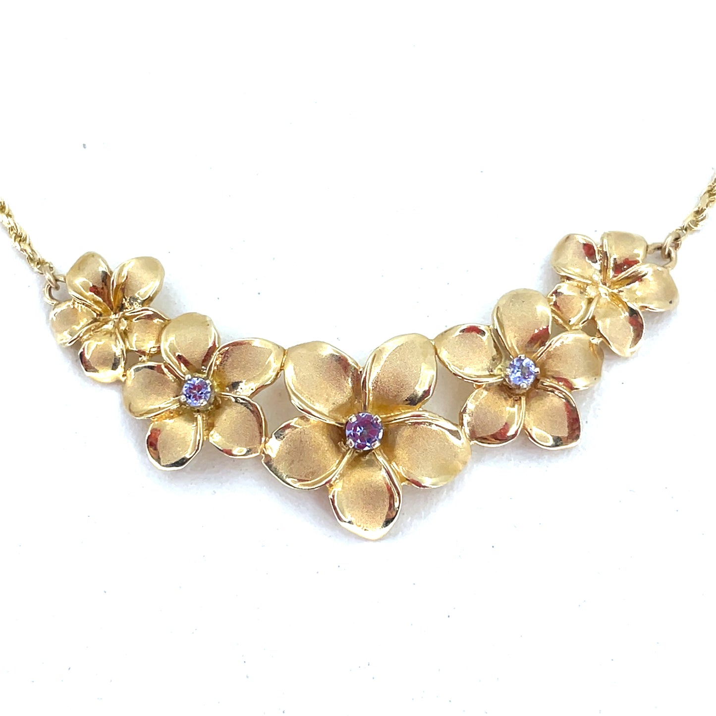 14K Yellow Gold Necklace Pendant combo | Rope with Hibiscus Island Flowers pendant, Tanzanite, 17 inch