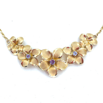 14K Yellow Gold Necklace Pendant combo | Rope with Hibiscus Island Flowers pendant, Tanzanite, 17 inch