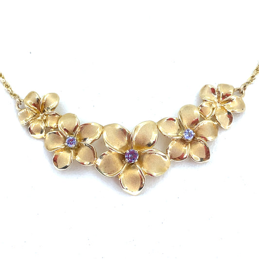 14K Yellow Gold Necklace Pendant combo | Rope with Hibiscus Island Flowers pendant, Tanzanite, 17 inch