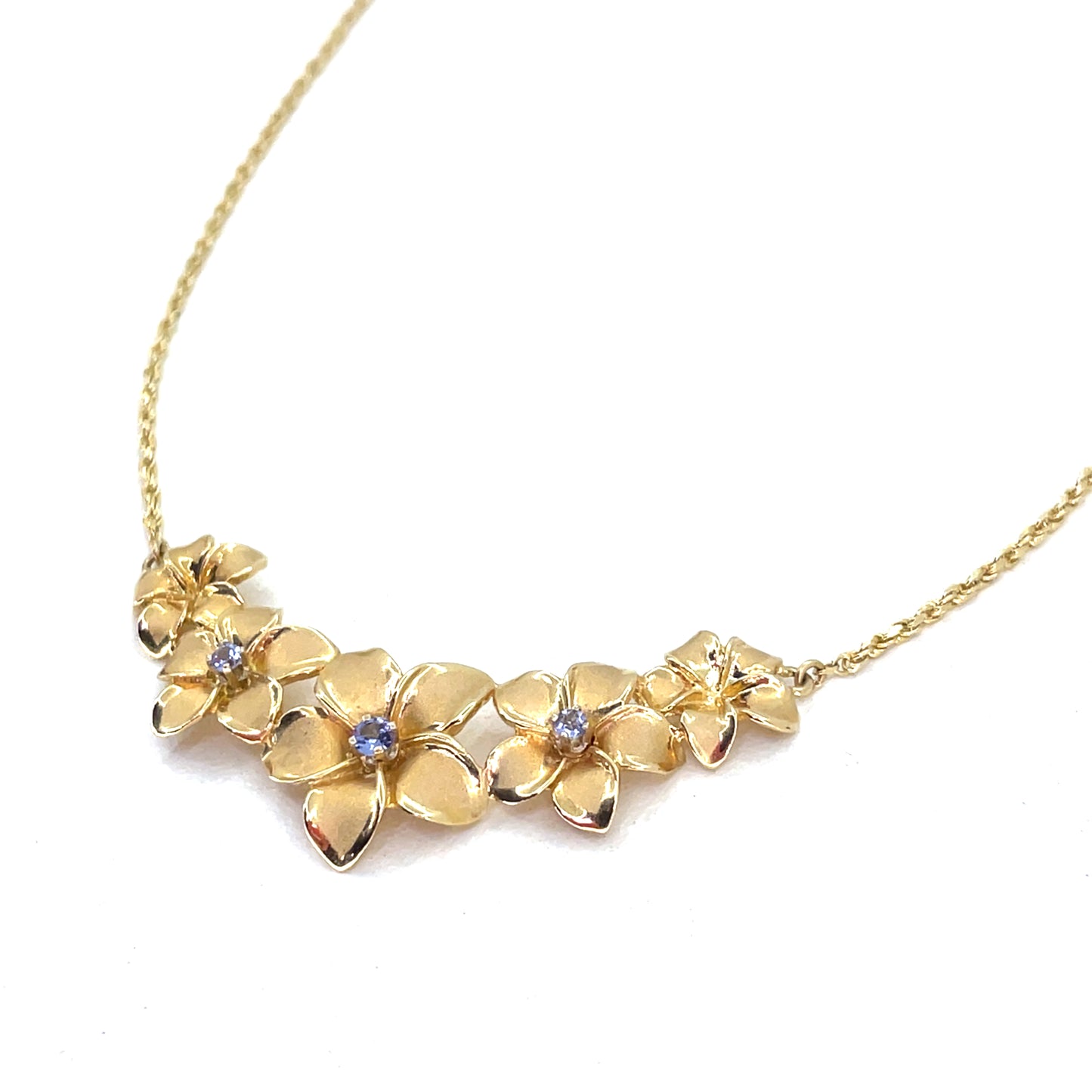 14K Yellow Gold Necklace Pendant combo | Rope with Hibiscus Island Flowers pendant, Tanzanite, 17 inch