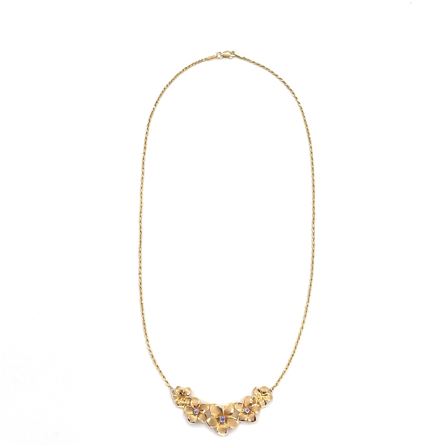 14K Yellow Gold Necklace Pendant combo | Rope with Hibiscus Island Flowers pendant, Tanzanite, 17 inch