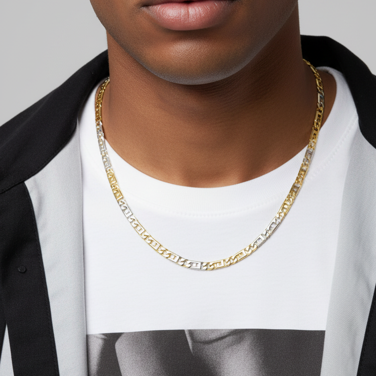 14K Two Tone Gold Necklace | Square Mariner Link Design, 24 inch