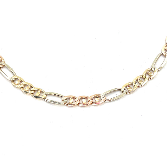14K Tri Color Solid Gold Necklace | Figaro Mariner Style, 18 inch