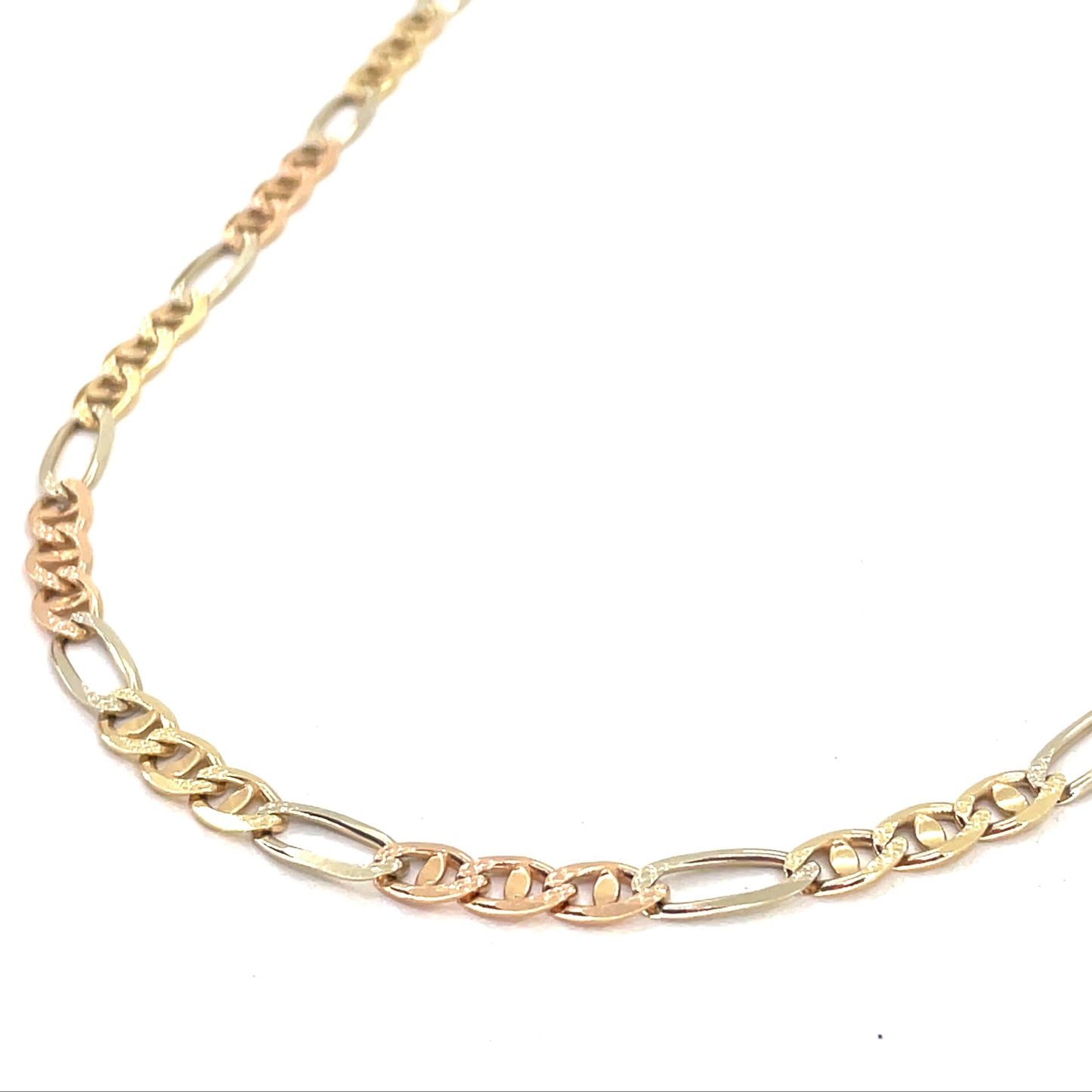 14K Tri Color Solid Gold Necklace | Figaro Mariner Style, 18 inch
