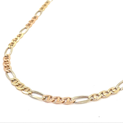 14K Tri Color Solid Gold Necklace | Figaro Mariner Style, 18 inch