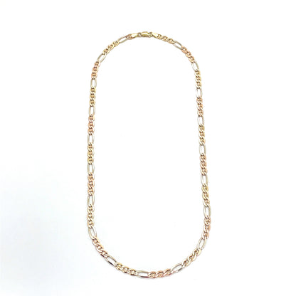 14K Tri Color Solid Gold Necklace | Figaro Mariner Style, 18 inch