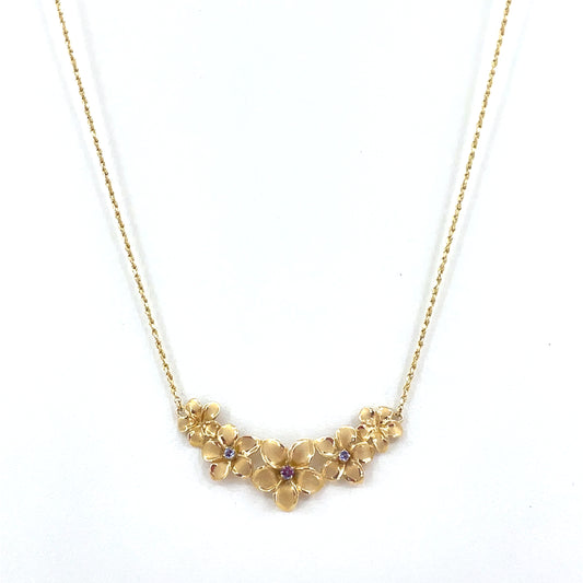 14K Yellow Gold Necklace Pendant combo | Rope with Hibiscus Island Flowers pendant, Tanzanite, 17 inch