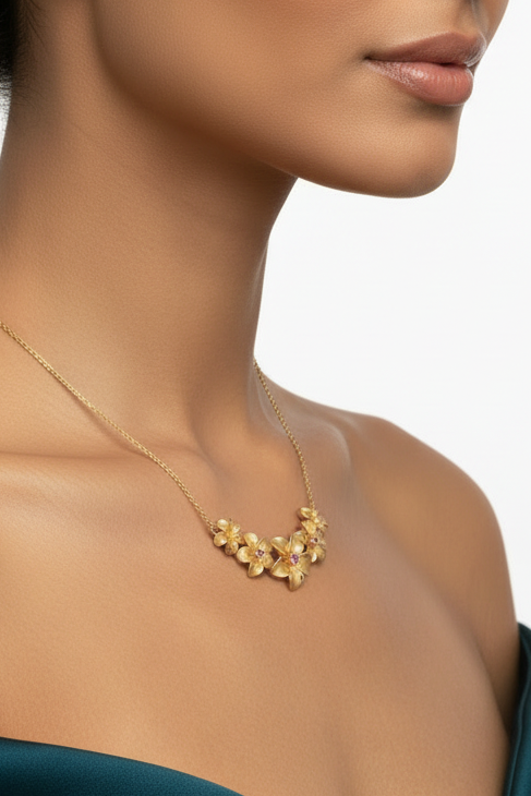 14K Yellow Gold Necklace Pendant combo | Rope with Hibiscus Island Flowers pendant, Tanzanite, 17 inch
