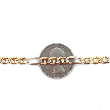 14K Tri Color Solid Gold Necklace | Figaro Mariner Style, 18 inch