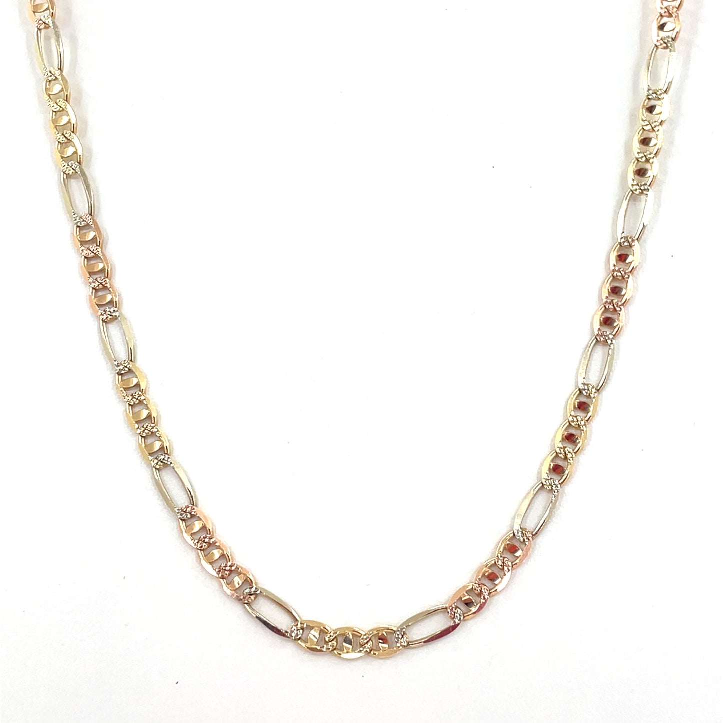 14K Tri Color Solid Gold Necklace | Figaro Mariner Style, 18 inch