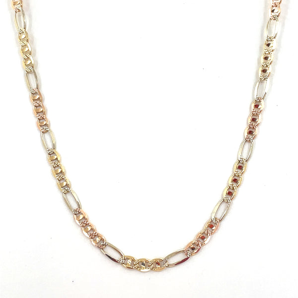 14K Tri Color Solid Gold Necklace | Figaro Mariner Style, 18 inch