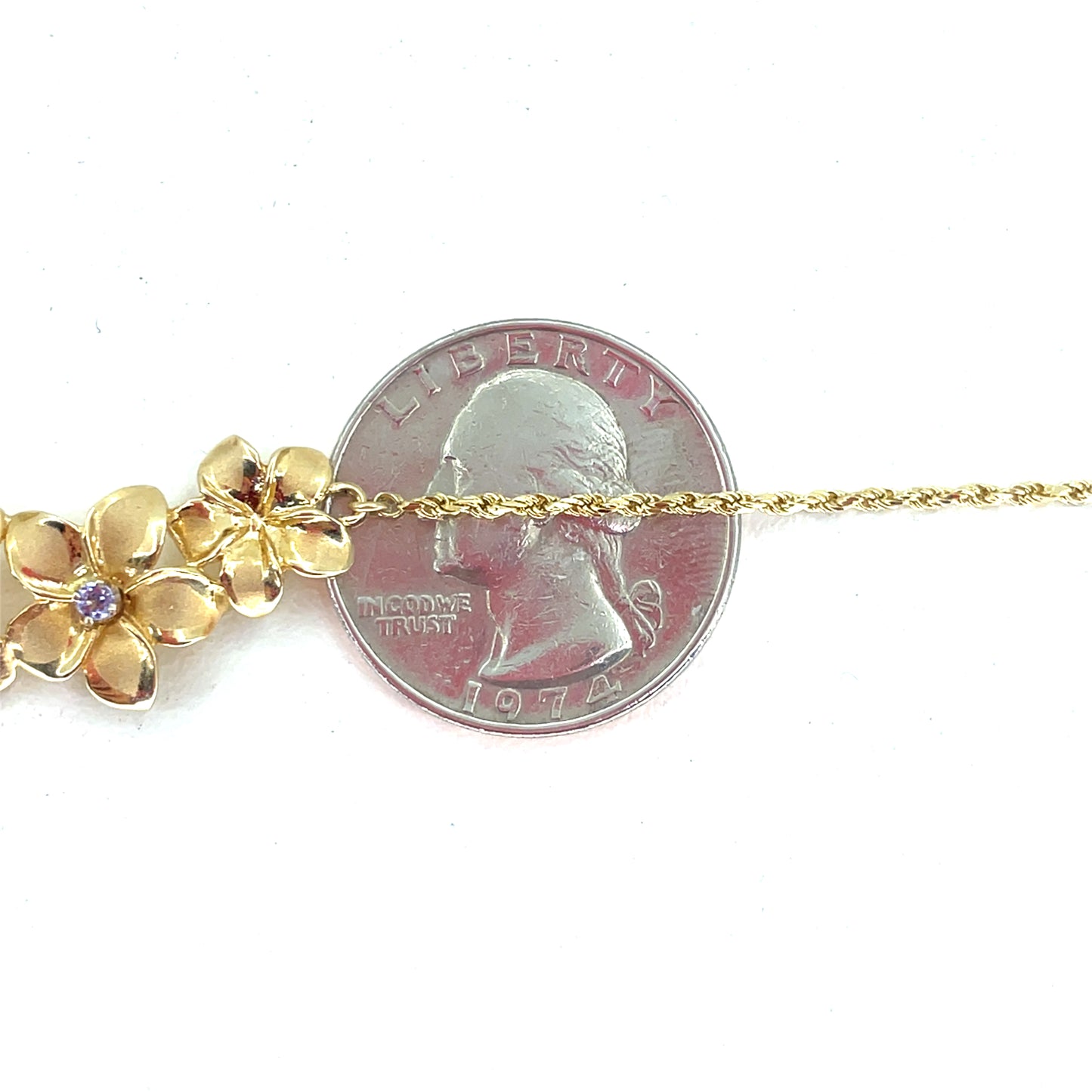 14K Yellow Gold Necklace Pendant combo | Rope with Hibiscus Island Flowers pendant, Tanzanite, 17 inch