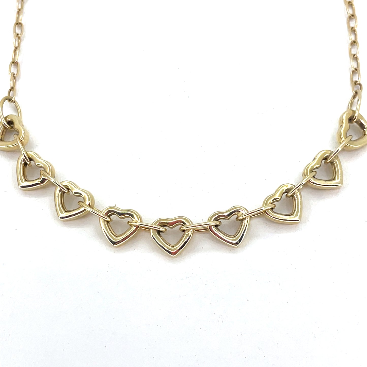 14K Yellow Gold Necklace | Oval Link Hearts Design, 18 inch